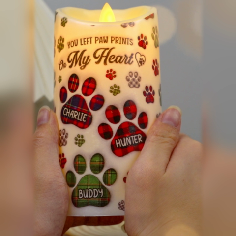 You Left Paw Prints On My Heart - Memorial Personalized Custom LED Candle - Sympathy Gift, Christmas Gift For Pet Owners, Pet Lovers