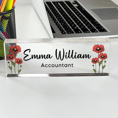 Birth Month Flowers Personalized Acrylic Desk Name Plate, Office Decor, Gift For Colleagues, Boss