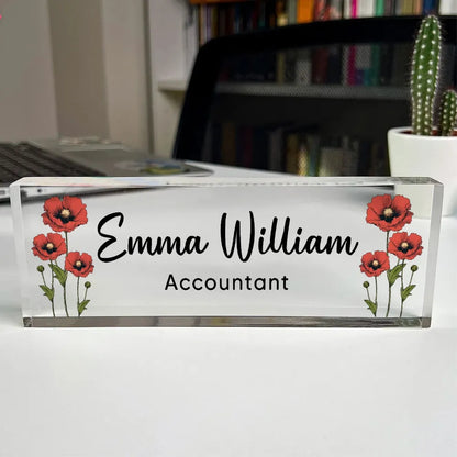 Birth Month Flowers Personalized Acrylic Desk Name Plate, Office Decor, Gift For Colleagues, Boss