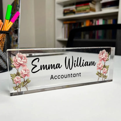 Birth Month Flowers Personalized Acrylic Desk Name Plate, Office Decor, Gift For Colleagues, Boss