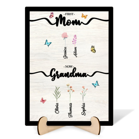 First Mom Now Grandma Floral Pattern Personalized 2-Layered Wooden Plaque